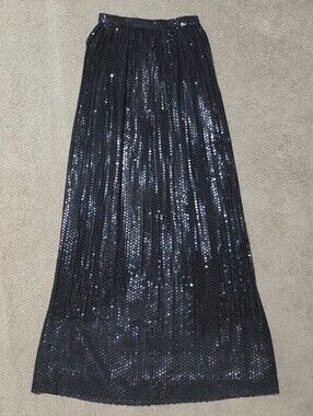 Vintage Oscar De La Renta Black Sequin Formal Sheer Maxi Skirt